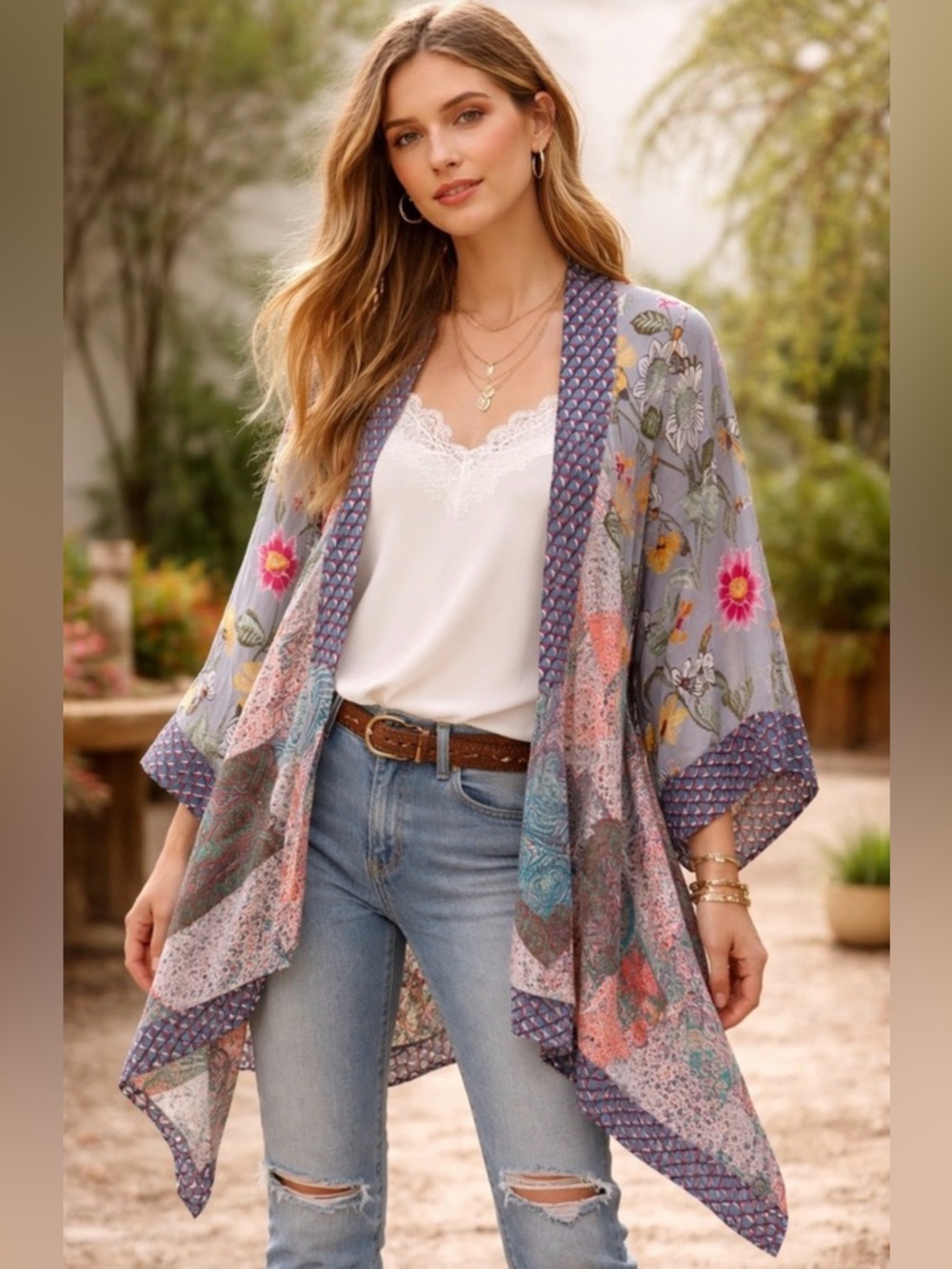 Umgee Fairy Draped Ruffle Trim Kimono Wrap Floral Hippie Relaxed Size M/L